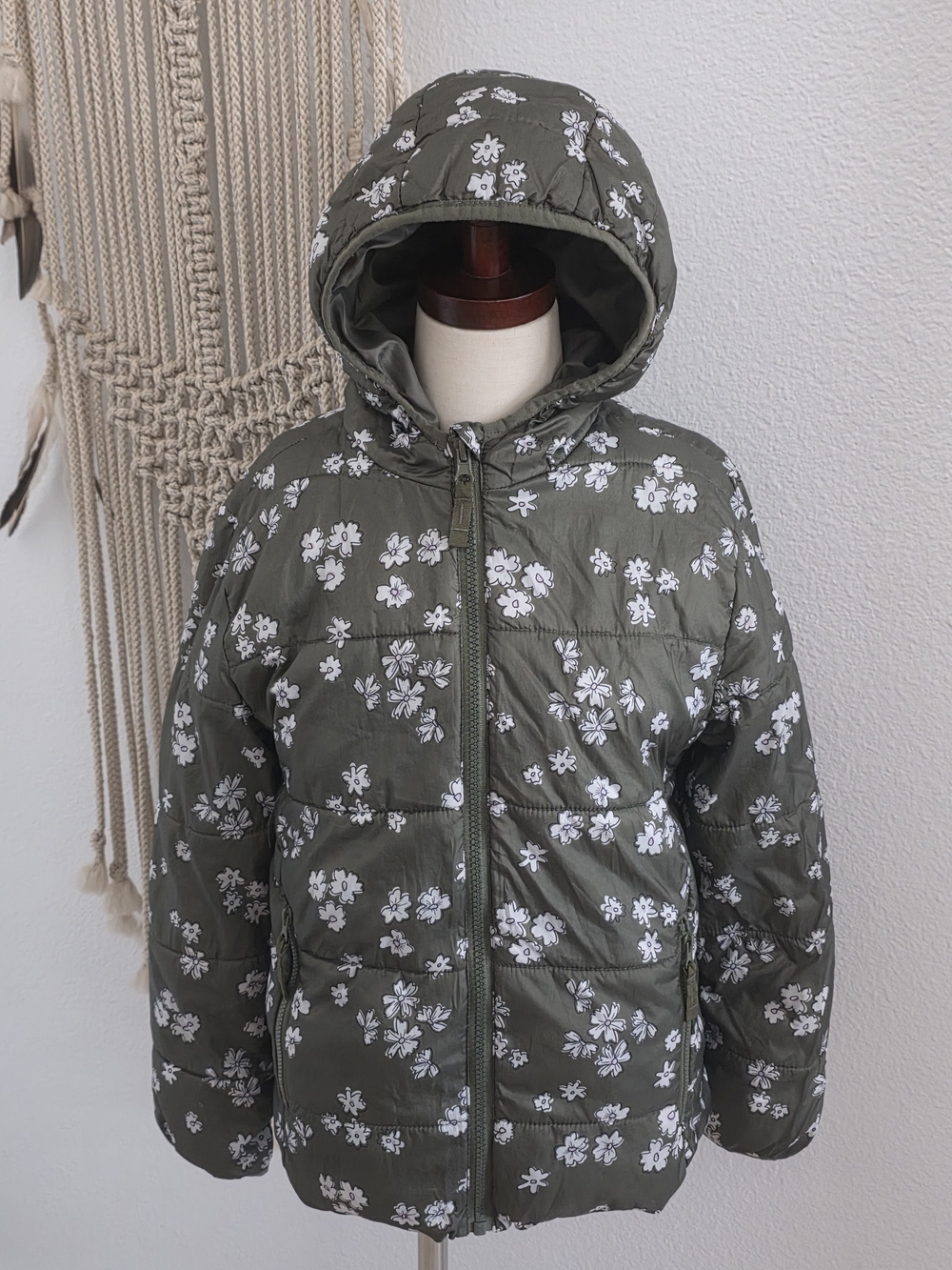 Olive Green Floral Puffer Jacket, Size Small, 7/8